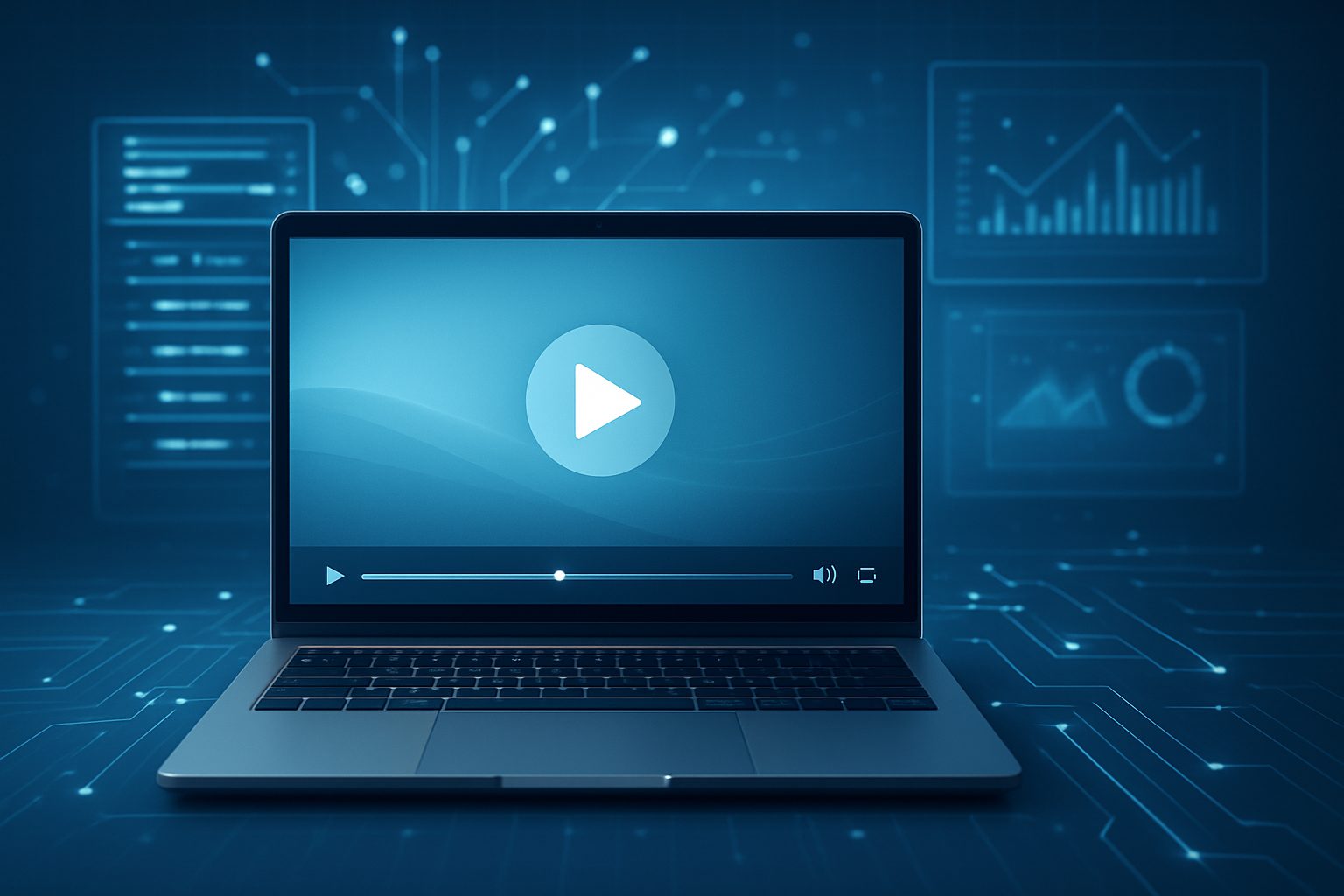 A laptop displaying a play button on a video interface surrounded by digital elements.