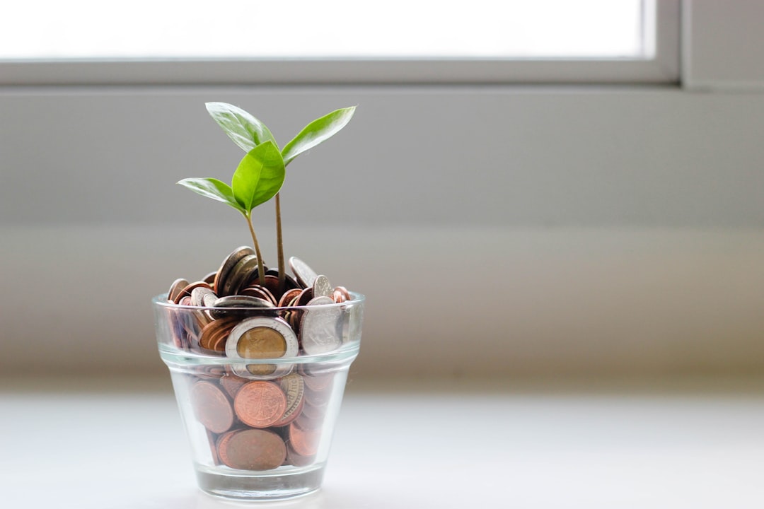 A small plant growing out of a glass container filled with coins, symbolizing growth and investment.